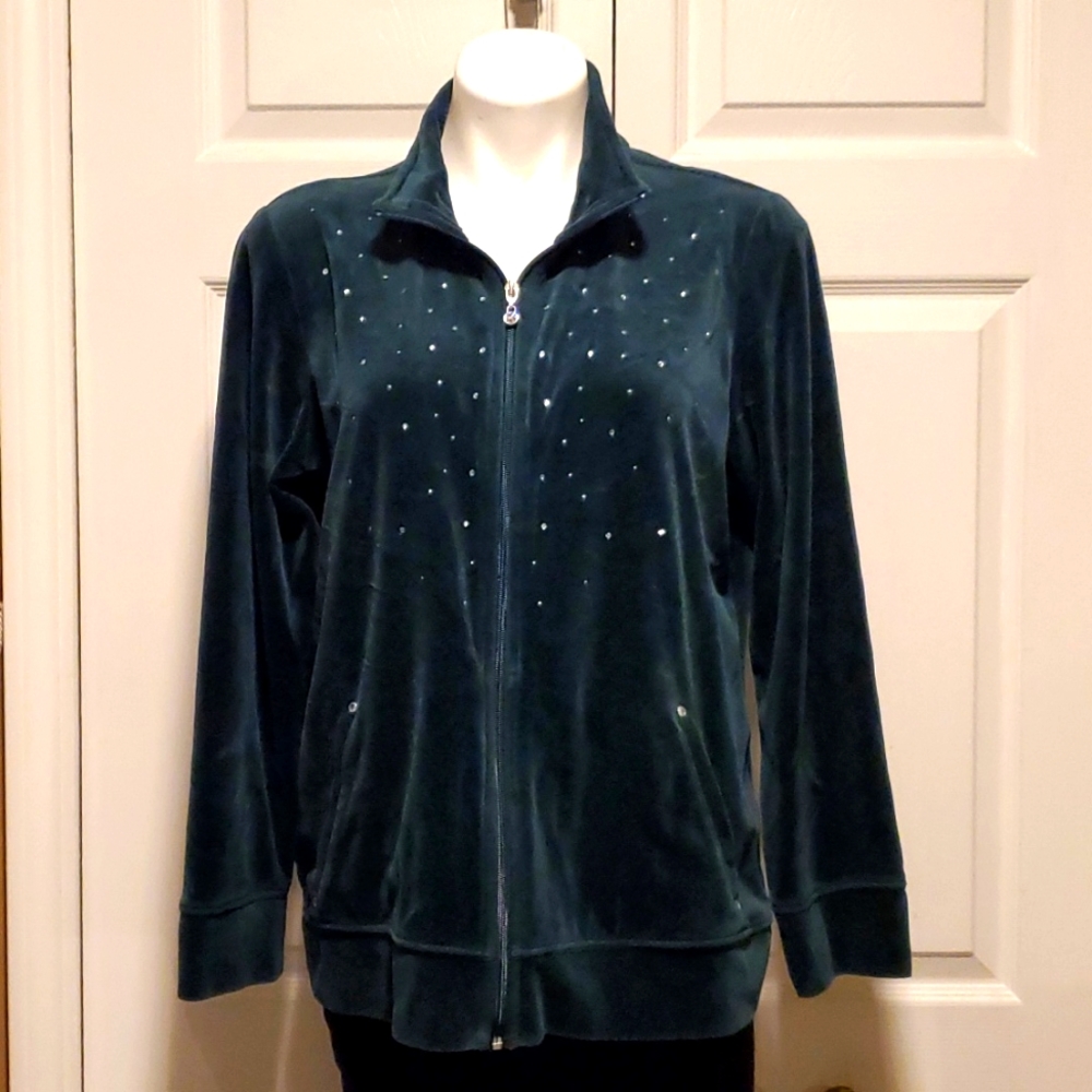 Karen Scott Sport Women's Green Velvety Silver Beaded Pullover Sweater - Large
